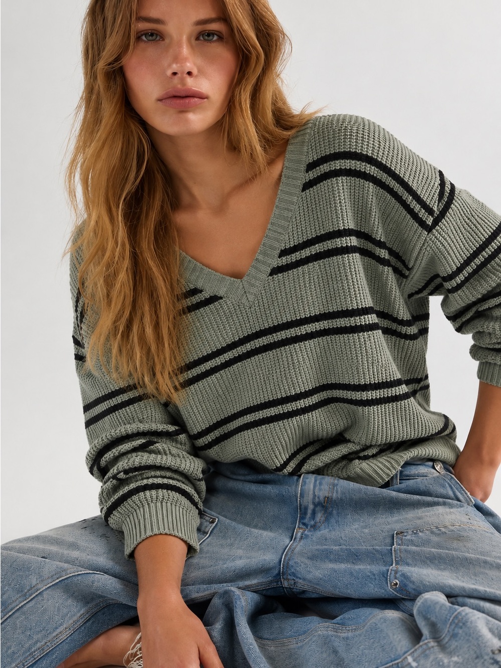 226. V-Neck Striped Knit Sweater - Sage/Black